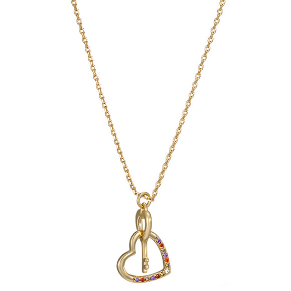 Necklace - 14K Gold Plated. Heart Key Pendant. *Premium Q*