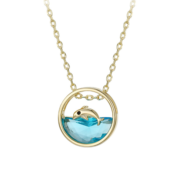 Necklace - 14K Gold Plated. Dolphins - Ocean.  *Premium Q*