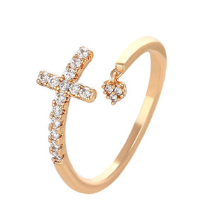 Rings - 18K Gold Plated. Cross Heart Open Ring. *Premium Q*