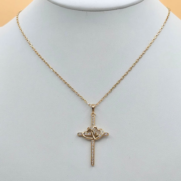 Necklace - 18K Gold Plated. Linked Hearts Cross Pendant & Chain. *Premium Q*