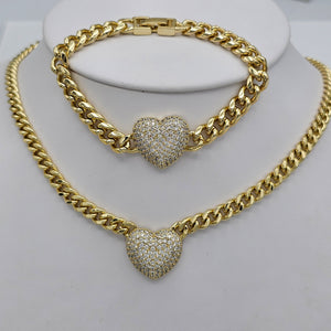 Sets - 14K Gold Plated.  Heart Pendant Cuban Necklace - Bracelet Set. *Premium Q*