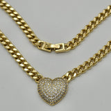 Sets - 14K Gold Plated.  Heart Pendant Cuban Necklace - Bracelet Set. *Premium Q*