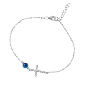 Bracelets - 925 Sterling Silver. Cross & Blue Evil Eye.