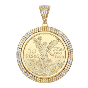 Pendants - 14K Gold Plated. CZ Round Mexican Centenario. 2.5in *Premium Q* (1 Piece)