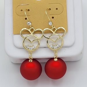 Earrings - 18K Gold Plated. Heart - Mouse Red Ball - Dangle *Premium Q*